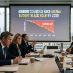 Group of council officials in a London meeting room reviewing a presentation showing "London Councils Face £5.2bn Budget Black Hole by 2030" with a downward funding trend line.
