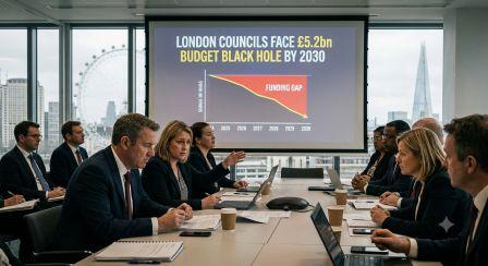 Group of council officials in a London meeting room reviewing a presentation showing "London Councils Face £5.2bn Budget Black Hole by 2030" with a downward funding trend line.