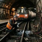 A maintenance worker in a hi-vis vest and hard hat crouching on underground train tracks, inspecting exposed cables with a flashlight as a train approaches in the background.