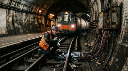 A maintenance worker in a hi-vis vest and hard hat crouching on underground train tracks, inspecting exposed cables with a flashlight as a train approaches in the background.