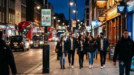London night-time street near bars and student venues, illustrating Met Police spiking safety warning for Freshers' Week